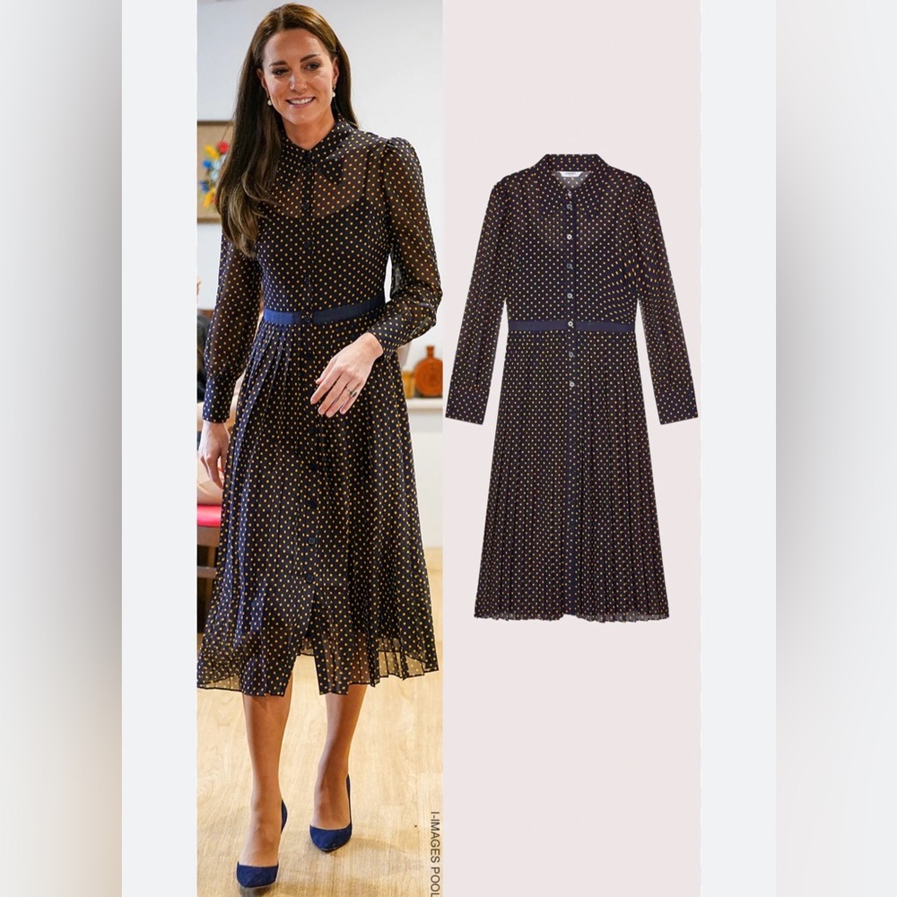 Appleseed's Navy and gold Long Sleeve Dress pleated skirt button front classy 8P - Picture 7 of 7